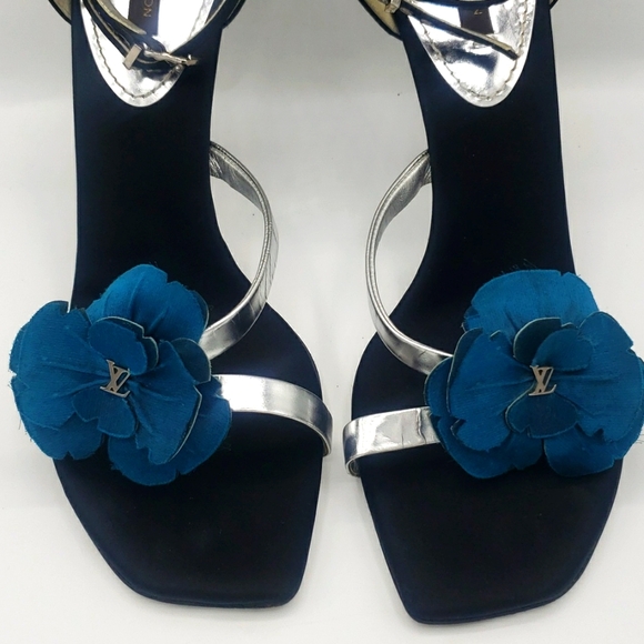 LOUIS VUITTON SIZE 39 OR US 9 COLOR BLACK SATIN SILVER LEATHER AQUA BLUE USED 2X - Picture 4 of 14